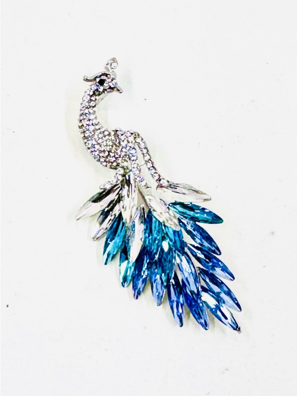 Silver Tone Peacock Brooch with Multicolored Blue Crystal Tail 3.5X1.5”